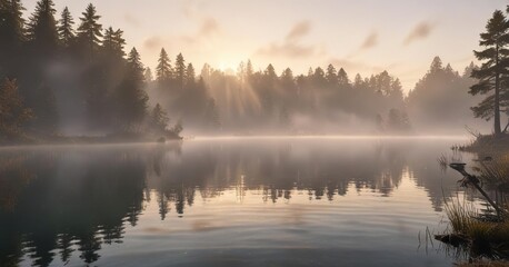 Fototapeta premium A serene lake at sunrise with mist rising from the water's surface , sunrise, water