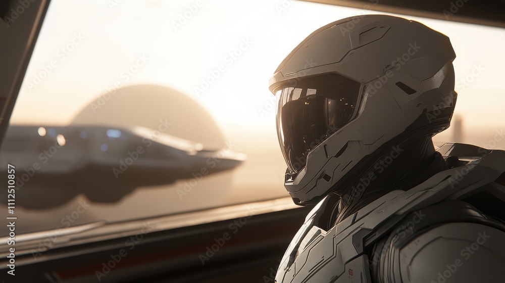 Poster futuristic astronaut in a sleek white space suit gazes out at an alien landscape with a distant spac