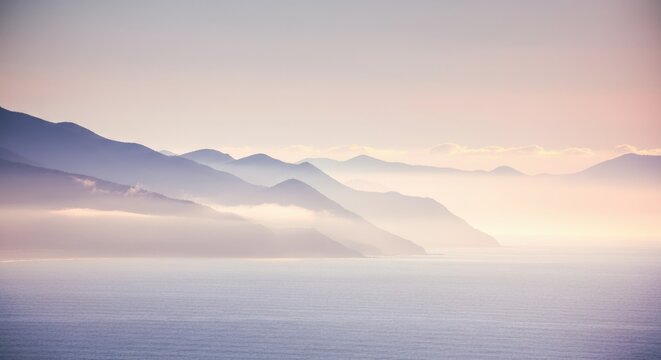 Serene Coastal Mountain Range at Dawn - Powered by Adobe
