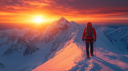 Fototapeta premium Climber in Golden Light at Mountain Summit