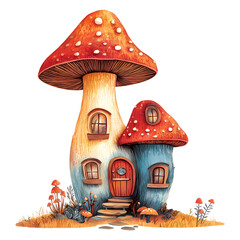 A cute fairy house stands proudly among magical flowers. The fantasy mushroom cottage captures the imagination in this enchanting illustration.