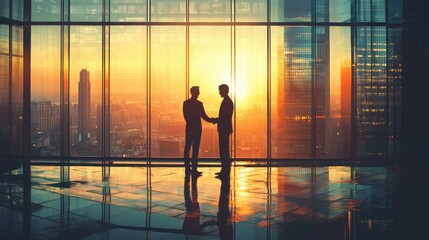 Fototapeta premium Modern Office Meeting at Dusk with City Skyline Backdrop