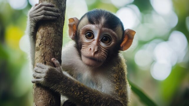 A small monkey perched on the top of a tree branch, looking around