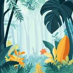 Side view jungle scene, diverse plant textures, flat design illustration