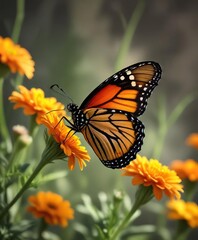 Fototapeta premium A single monarch butterfly sipping nectar from a bright orange marigold flower , nature scenes, floral arrangements, warm sunlight