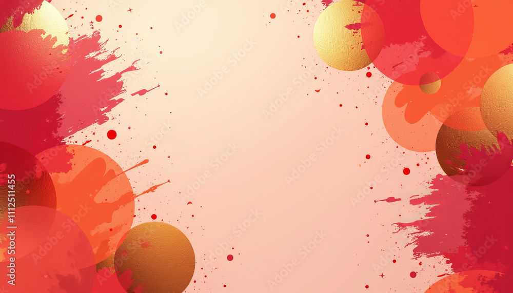Poster colorful abstract background with vibrant red and yellow splashes and golden circles creating a play