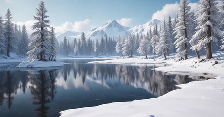 A snow-covered landscape with a frozen lake and snow-capped trees, winter wonderland, peaceful scene, snow covered landscape