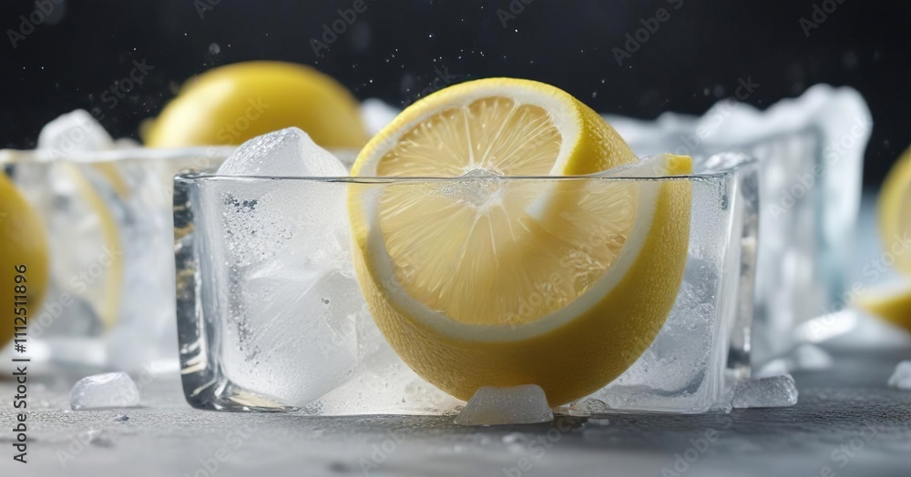 Poster a lemon wedge squeezed onto an ice cube tray and frozen into a slushy block of ice , squeeze, wedge,