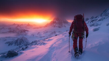 Climbers and Shadows on Everest at Sunset