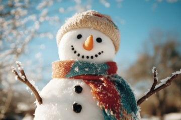 Cheerful Snowman Wearing a Brightly Colored Scarf with a Clear Blue Sky in the Background