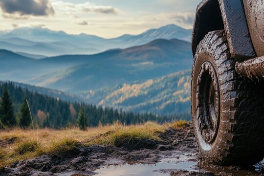 Off-road vehicle stuck in mud, surrounded by mountains