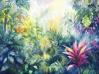 Vibrant watercolor foliage artwork of a tropical jungle, highlighting artistic depth and exotic flora