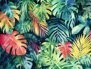 Vibrant watercolor foliage artwork of a tropical jungle, highlighting artistic depth and exotic flora