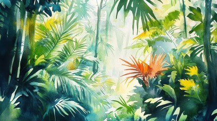Watercolor illustration of a lush jungle scene, dense with vibrant exotic plants and complementary tones