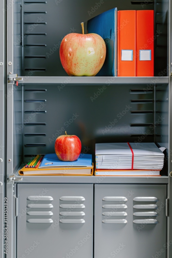 Poster a single red apple placed on top of a bookshelf