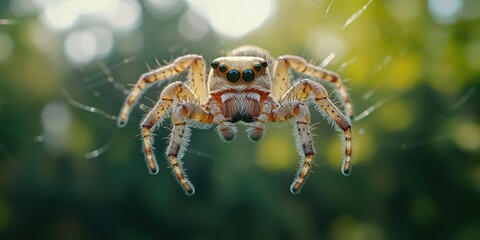 A close-up view of a spider sitting on its web, awaiting prey