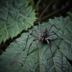 Fototapeta premium A lynx spider blends in with the purple yam vine's dark green coloration as it sits underneath its large leaf, plant concealment, animal hideout