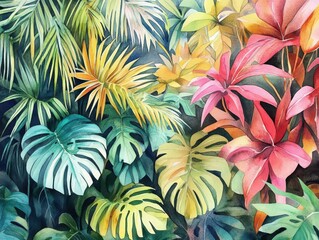 Watercolor patterns of exotic plants, showcasing dense tropical jungle textures and vibrant complementary tones