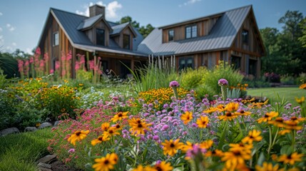 Obraz premium Vibrant flower garden in front of a rustic wooden house.