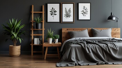 Wooden bed in bedroom interior with plants and posters. Real photo