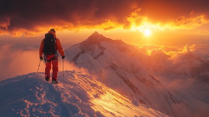 Climber at the Summit of Everest at Sunset