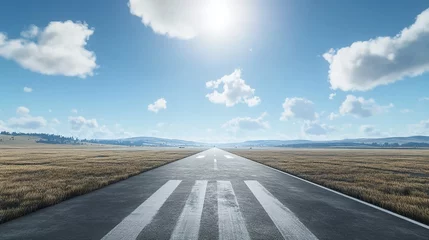 Selbstklebende Fototapeten A Straight Road with an Arrow Painted on It Leading to the Horizon © zahidcreat0r