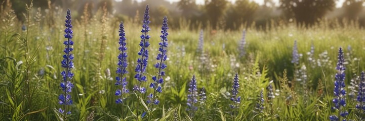Fototapeta premium Blue salvia plants growing among tall grasses and weeds in a wildflower meadow , landscape, blue salvia