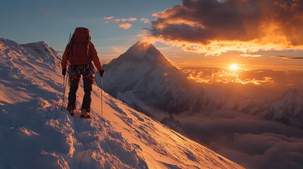 Ultimate Adventure at Sunset on Snowy Mountain Peak