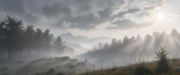 Fototapeta premium A misty morning scene featuring a light gray cloudy backdrop with soft sunlight peeking through, calm environment, gray cloudy background