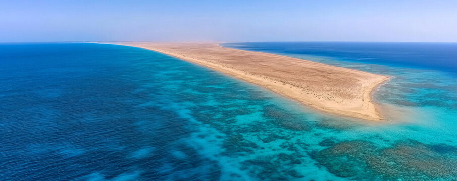 Stunning aerial view of the white sand strip dividing the red sea in ras mohamed national park, showcasing vibrant coral reefs and crystal-clear turquoise waters