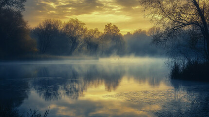 Serene water with a foggy sky in the background, creating a peaceful and tranquil atmosphere