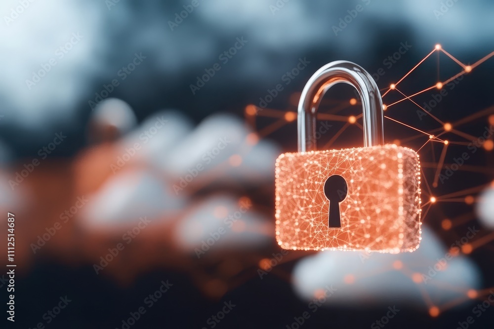 Poster abstract conceptual illustration of lock symbol overlaid with digital network connection in technolo