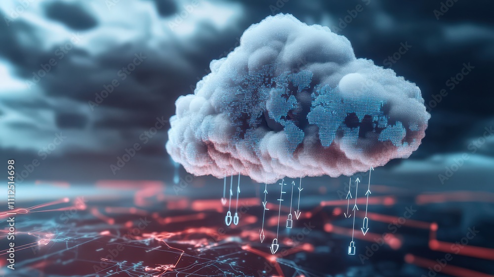 Poster a conceptual giant cloud hovering over a digital landscape with data connections and security elemen