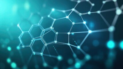 Fototapeta premium Geometric shapes and lines connecting glowing points in silver and aqua, forming a dynamic hexagonal grid over a vibrant digital blue background
