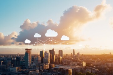Futuristic city skyline with digital cloud overlay at sunset, showcasing modern architecture and technology