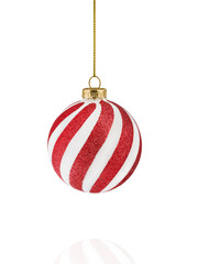 White and red glittering Christmas ornaments ball with featuring stripes and dot or circle isolated on white background with clipping path. Design element.
