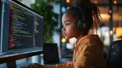 Young Girl Focused on Coding Future