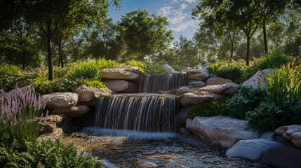 Serene waterfall cascading over rocks surrounded by lush greenery in a peaceful garden setting