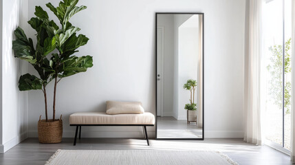 modern entryway featuring stylish bench, large mirror, and indoor plants creates welcoming atmosphere. neutral colors and natural elements enhance serene environment