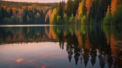 A deep focus shot of a serene landscape with a vast lake surrounded by tall trees. The reflection of the trees and the sky can be seen on the lake's surface. 