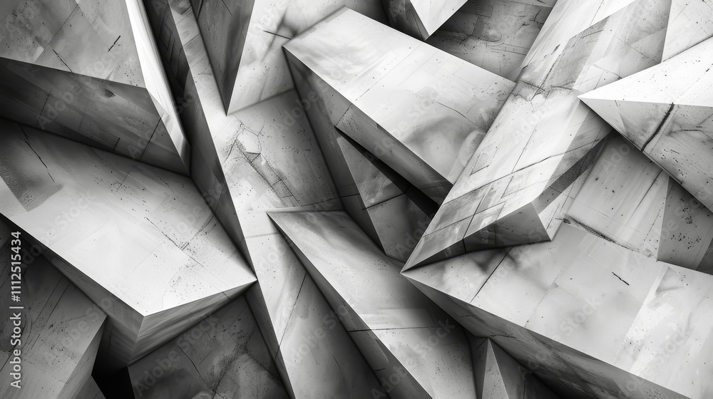 Poster complex arrangement of concrete triangular and rectangular prisms forming an abstract architectural 