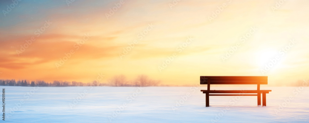 Wall mural snow-covered field with an empty bench basking in the warm glow of the setting sun, creating a tranq