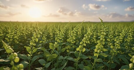 Closeup of soybeans in a field with a sunny background, row crop, landscape, sunlight