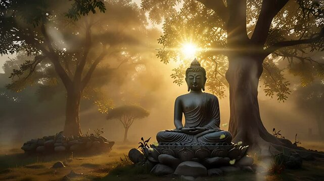 A Buddha statue is under a tree in the middle of the forest at sunset. Seamless 4K looping timelapse video animation background