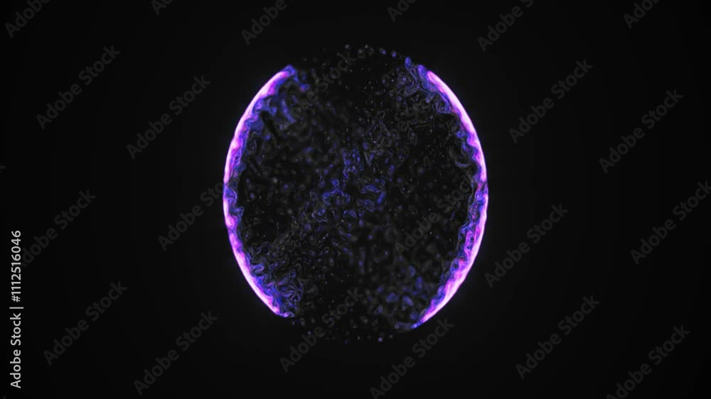Poster purple and red glowing sphere encircled by sparkling light particles, creating a vibrant cosmic spec