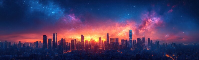 Obraz premium Futuristic city skyline with stars and galaxy in the sky