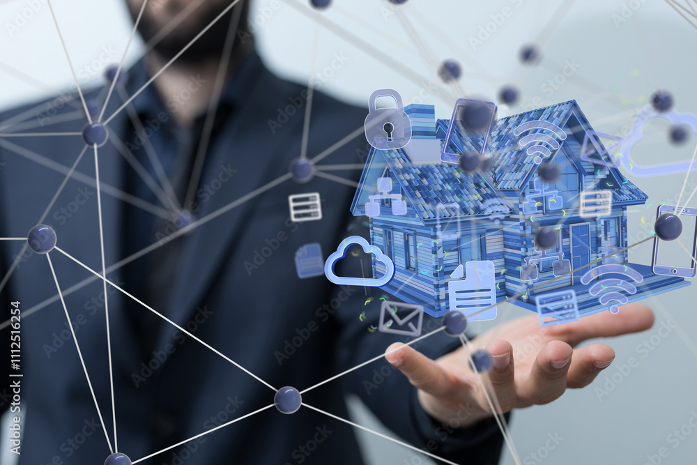 Poster home iot - neural network 3d illustration. big data and cybersecurity