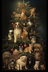 Fototapeta premium Christmas postcard with lots of dogs, cats and christmas tree decorated with intention. A variety of dogs and cats are creatively arranged to form a Christmas tree, adorned with holiday ornaments and