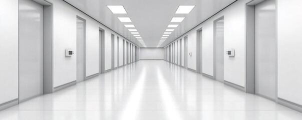 Endless futuristic corridor with multiple doors and gleaming floor, evoking a feeling of vastness and intrigue