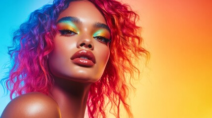 Obraz premium Vibrant Rainbow Makeup and Hair: A Stunning Portrait